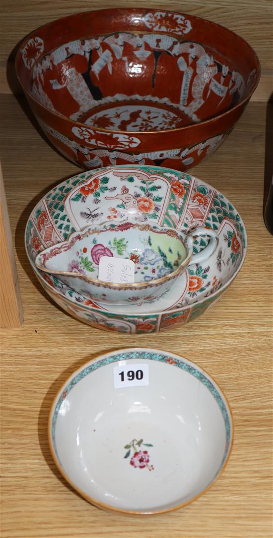 An 18th century Chinese sauceboat and bowl, and a 19th century Japanese Kutani bowl and another largest diameter 31cm